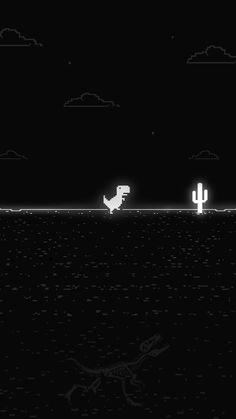 an old - school computer game with dinosaurs running in the dark water and cactus silhouettes