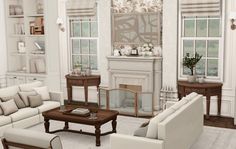 a living room filled with white furniture and lots of windows