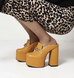 Flare Outfits, Sale Clothes, Platform Mules, Platform High Heel Shoes, Super High Heels, Goth Style, Shoe Trends, Yellow Mustard, High Heels Shoes