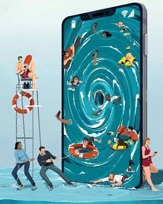 two people climbing ladders to reach an iphone in the water