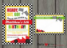 two race car birthday party cards with the word ready set go on over to it