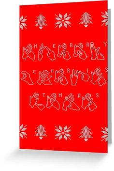 a red christmas card with white letters and snowflakes