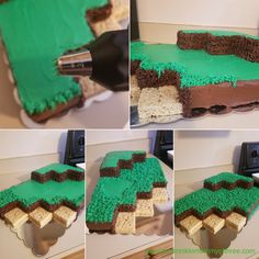 the cake is decorated with green and brown icing