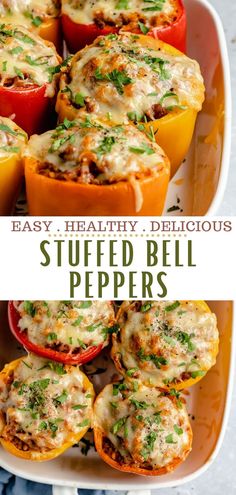 stuffed bell peppers in a casserole dish with text overlay