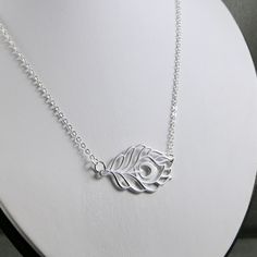 "Necklace Ingredients:  Large (40mm) Peacock Feather Sterling Silver pendant interlinked between a sterling silver cable chain.   Necklace is approximately 18\" from end to end." Peacock Feather Necklace, Yoga Nature, Cable Chain Necklace, Feather Pendant, Silver Feather