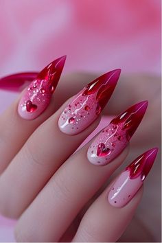 Nails With Tips Ideas, Hot Pink And Red Nails, Nail Inspiration Simple, Luxury Nail Art, Stiletto Nail Designs, Stiletto Nails Designs, Blush Nails, Glow Nails