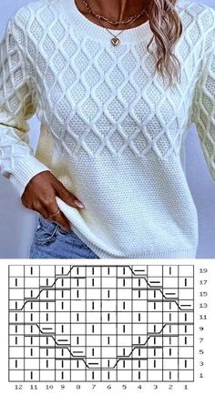 a woman wearing a white sweater and jeans with her hands on her hips, standing in front of a cross - stitch pattern