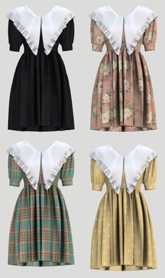 four different styles of dresses with ruffled collars