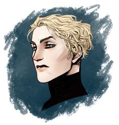 a drawing of a man with blonde hair and blue eyes wearing a black turtle neck shirt