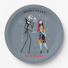 a plate with a cartoon character and a skeleton on it that says merry scary holidays