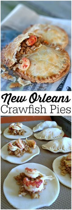 several different types of pies on plates with the words new orleans crawfish pies