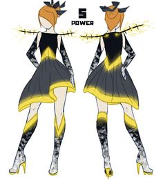 two women in dresses with yellow and black accents, one is wearing high heeled shoes