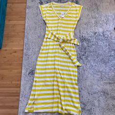 Cotton Loft Dress With Lemon Yellow Stripes, Flattering Tie At Waist And V Neck. Slits At Hem, Hits Mid Calf. Perfect Easy Spring And Summer Outfit! Brand New With Tags! Yellow Cotton Midi Dress For Day Out, Casual Mustard Maxi Dress For The Beach, Yellow Cotton Maxi Dress For Brunch, Yellow Cotton Maxi Dress For Day Out, Yellow Tie Waist Beach Dress, Chic Yellow Dress With Tie Waist, Mustard Casual Midi Dress For Spring, Casual Mustard Maxi Dress For Beach, Casual Yellow Midi Dress For Daywear