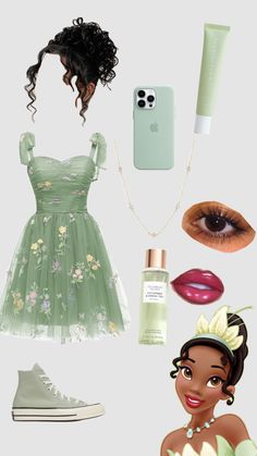 the princess and the frog costume is shown with makeup, eye shadow, lipstick, phone case