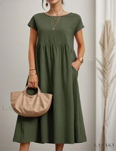 Lasaky - Sleeveless Loose-Fit Cotton Linen Dress with Pockets Mid Skirt, Cotton Linen Dresses, A Line Shorts, Vestidos Vintage, Linnet, Large Dress, Crewneck Dress, Midi Dress With Sleeves, Aaliyah