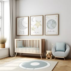 a baby's room with three pictures on the wall and a teddy bear sitting next to it