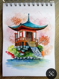 a watercolor drawing of a pagoda with steps leading up to the roof and trees