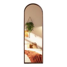 an arched mirror reflecting a bed and a plant