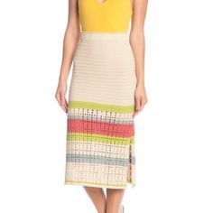 Size S/M. Color-Block Stripes Add To The Retro Appeal Of A Chunky Crochet Midi Skirt With Slits At The Sides. - Elasticized Waist - Knit Construction - Stripe Print - Vented Hem - Midi Length - Approx. 31" Length (Size M) - Summer Crochet Skirt In Beige, Summer Beige Crochet Skirt, Beige Crochet Skirt For Summer, Casual Skirt With Crochet Trim For Vacation, Spring Beach Knit Skirt, Casual Beach Skirt With Crochet Trim, White Crochet Skirt For Spring, Chic Knit Beach Skirt, Chic Beach Knit Skirt