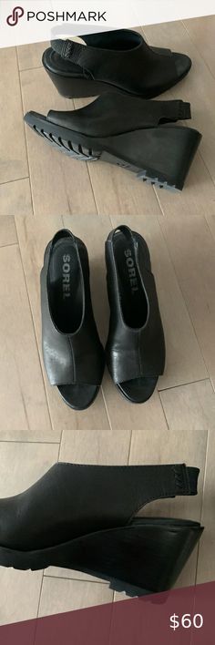 Sorel Black Leather Slingback Wedge Sandals Size 7.5 Sorel Shoes, Wedge Sandals, Something New, Black Leather, Wedges, Size 7, Sandals