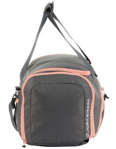 a gray and pink duffel bag on a white background