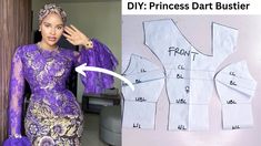 a woman in a purple dress next to a cut out pattern for the princess dart bustier