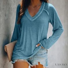 Lasaky - Soft-Colored Long Sleeve Relaxed Fit Top with Deep Plunge Plus Size Tees, Fitted Blouses, Mori Girl, Long Sleeve Casual, Collar Shirts, Long Sleeve Pullover, Casual Tops, Shirt Style, Casual Shirts