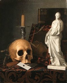 a painting with a skull, candle and other items on the table next to it