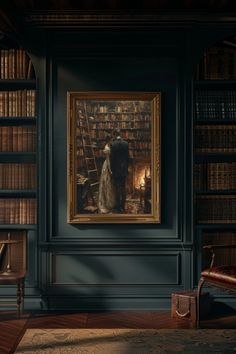 a painting in a room with bookshelves and a chair next to the bookcase