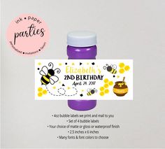 a label for a baby's 2nd birthday party with bees and honeycombs