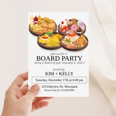 a person holding up a business card that says board party with different types of food on it