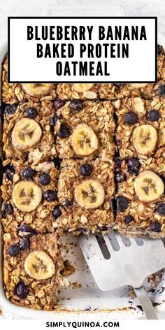 blueberry banana baked protein oatmeal in a baking dish with a fork