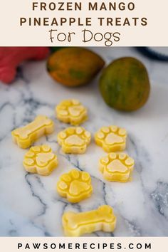 frozen mango pineapple treats for dogs on a marble countertop with oranges in the background