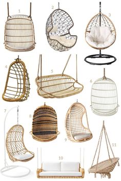 the different types of hanging chairs in various styles and colors, including one with a swing chair