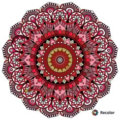 a red and pink circular design with many details on the center, in an intricate manner