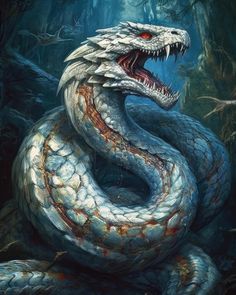 a painting of a snake with its mouth open