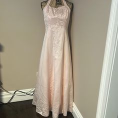 Blush Pink Satin Strapless Formal Dress With Bead Embellishments. Vintage Circa The Early 2000s. Good Condition. Elegant Sleeveless Pink Wedding Dress, Pink Wedding Dress With Beaded Straps, Elegant Pink Embellished Wedding Dress, Wedding Evening Dress With Beaded Straps, Sleeveless Beaded Gown, Wedding Gown With Beaded Straps, Feminine Embellished Evening Dress For Wedding, Strapless Formal Dress, Satin Formal Dress