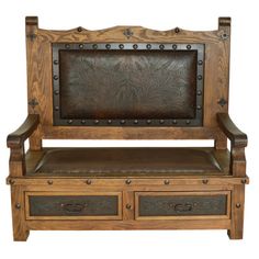 a wooden bench with leather seat and drawers on the bottom shelf, against a white background