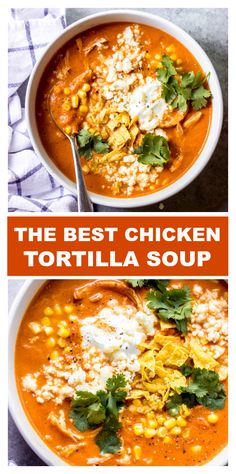 creamy chicken tortilla soup in a white bowl