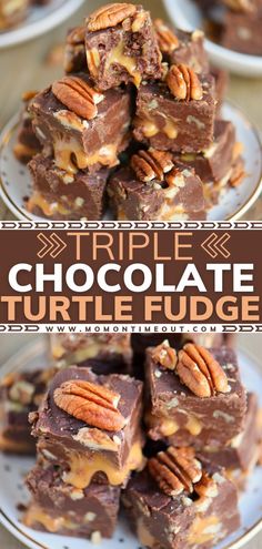 triple chocolate turtle fudge with pecans on top and in the middle, stacked on a plate