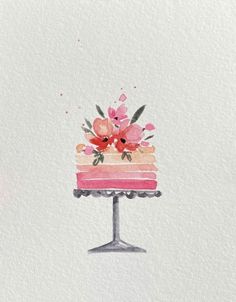 a watercolor painting of a cake with flowers on it