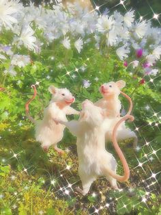 two toy mice playing with each other on the ground in front of flowers and grass