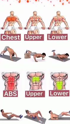 an image of a man doing exercises on his stomach and back with the words chest upper lower