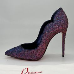 One Part Disco And One Part Supernatural, These Starlight Lurex Pumps Dazzle With Their Jewel-Toned Metallics. Distinguished By Its Generous Cut That Enhances The Pointed Toe And V-Shaped Notches, Christian Louboutin's Hot Chick Pumps Showcase Starlight Lurex, Featuring A Purple Base With A Tweed-Like Iridescent Hue. This Italian-Made Pair Is Anchored By A Sleek Stiletto Heel Showcasing The Signature Red Lacquered Sole. Stiletto Heel, 4" (100mm) Pointed Toe Curved Topline Slip-On Style Signature Purple Pumps, Christian Louboutin Sandals, Shoe Room, Fancy Heels, Christian Louboutin Pigalle, Christian Louboutin So Kate, Red Louboutin, Shoes Too Big, Christian Louboutin Heels