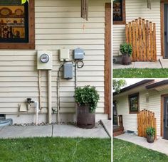 three pictures of a house with an outdoor phone and planter in the front yard