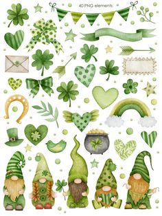 the st patrick's day watercolor clipart set includes shamrocks, lepreite hats and other items