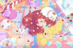 a woman with red hair is surrounded by other items and objects in the background, including teddy bears