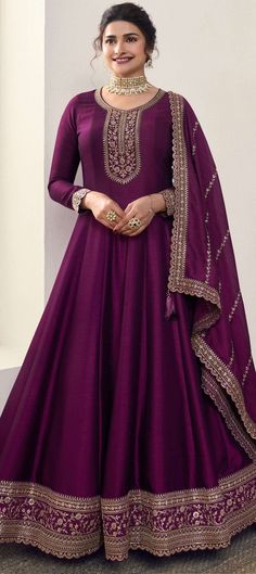 Bollywood Purple and Violet color Salwar Kameez in Georgette fabric with Anarkali Embroidered, Thread work : 1944667 Gown Pakistani, Pakistani Gown, Purple Anarkali, Flared Anarkali, Anarkali Suits Bollywood, Lehenga Choli Designs, Prachi Desai, Georgette Anarkali, Silk Anarkali