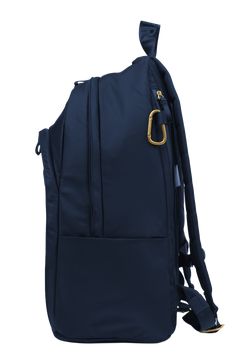 a blue backpack with a gold handle on it