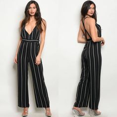 -Black With White Stripes -100% Polyester -Made In The Usa -Measurements On A Small: L: 54" B: 30" W: 26" I.S.: 29" -Fits True To Size Black Overalls For Date Night, Chic Striped Jumpsuits And Rompers For Night Out, Striped Jumpsuits For Summer Night Out, Striped Jumpsuits And Rompers For Night Out In Summer, Striped Summer Jumpsuits And Rompers For Night Out, Elegant Striped Sleeveless Jumpsuits And Rompers, Striped Jumpsuits And Rompers For Party, Striped Fitted V-neck Jumpsuits And Rompers, Striped Fitted V-neck Jumpsuit